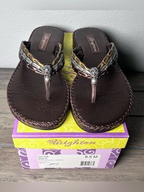 Brighton NIB Gilda Women's Leather Thong Sandals Sz 8.5 Multi Mixed Bronze/Brown